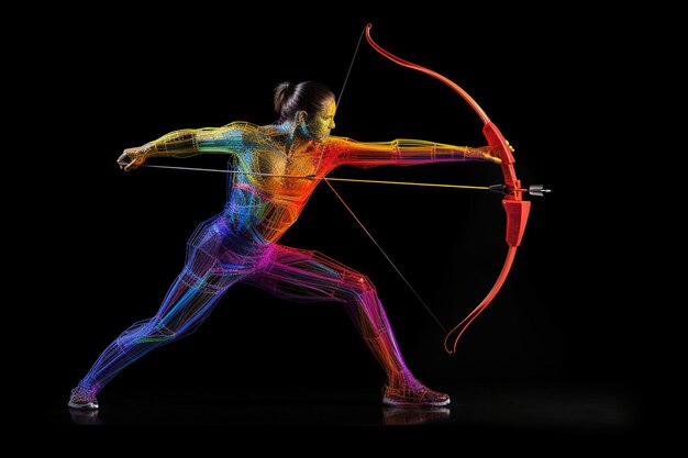 写真 弓道を練習しているスポーツマンのサイドビューの複合画像