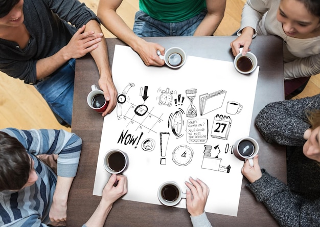 Composite image of people sitting around table drinking
coffee