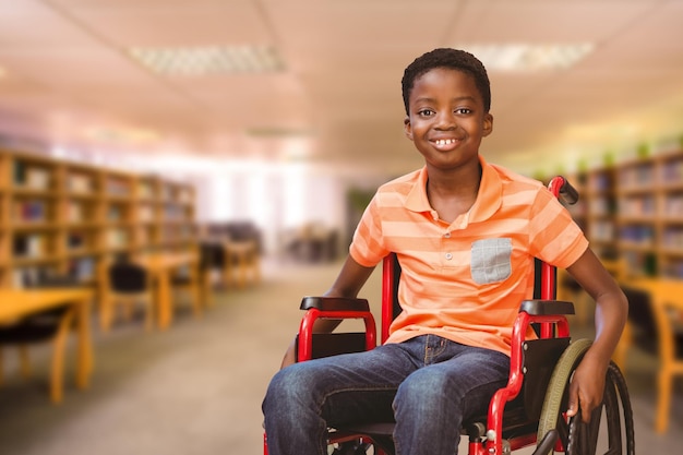 Photo composite image of portrait of boy sitting in wheelchair at library