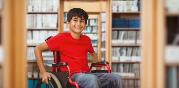 Photo composite image of portrait of boy sitting in wheelchair