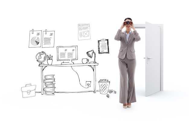 Composite image of portrait of a businesswoman looking through binoculars