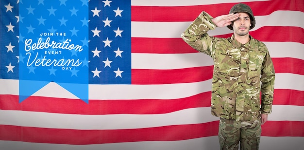 Composite image of portrait of confident soldier giving salute