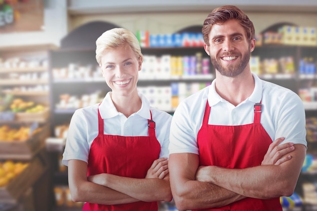 Composite image of portrait of coworker with arms crossed