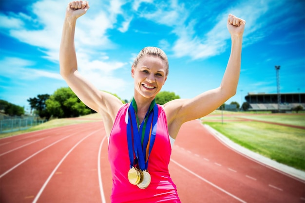 Photo composite image of portrait of happy sportswoman is winning