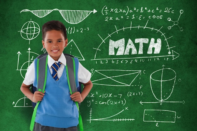 Composite image of portrait of schoolboy carrying schoolbag against white background