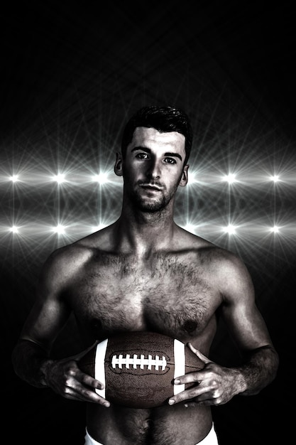 Photo composite image of portrait of shirtless rugby player with the ball