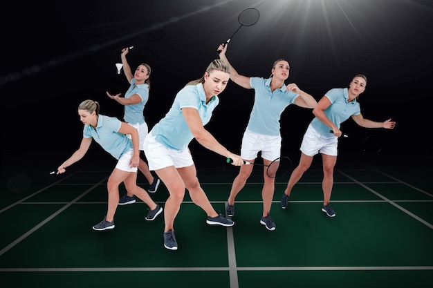 Composite image of pretty blonde playing badminton