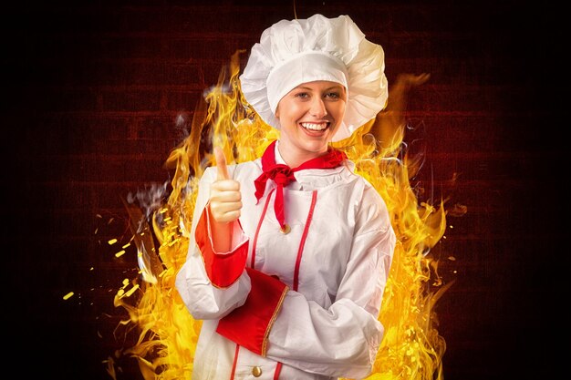 Composite image of pretty chef showing thumbs up