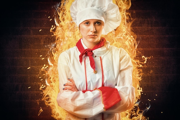 Composite image of pretty chef standing with arms crossed