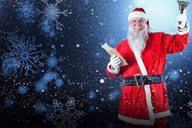 Composite image of santa claus holding bible and bell