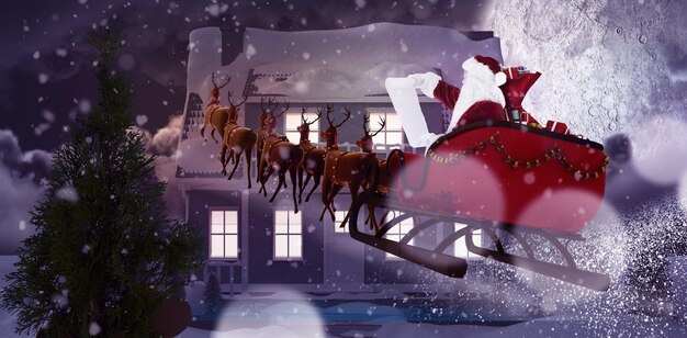 Composite image of santa claus riding on sled during christmas