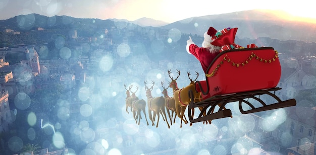 Composite image of santa claus riding on sleigh with gift box