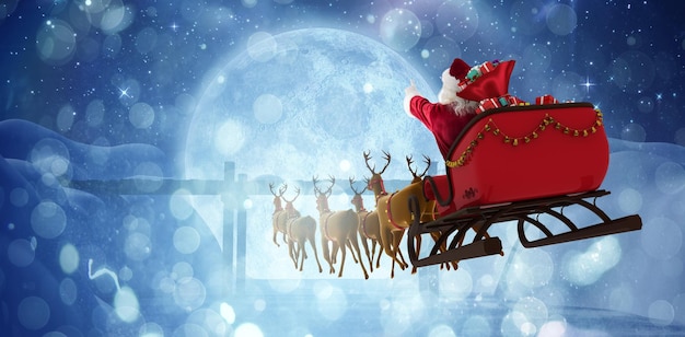 Составное изображение Санта-Клауса на санях с подарочной коробкой