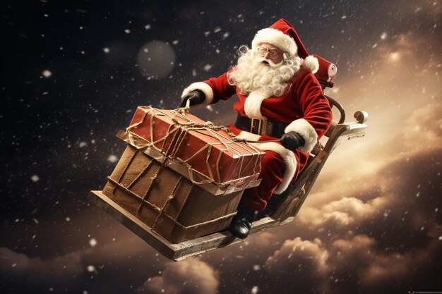 Composite image of santa claus riding on sleigh with gift box