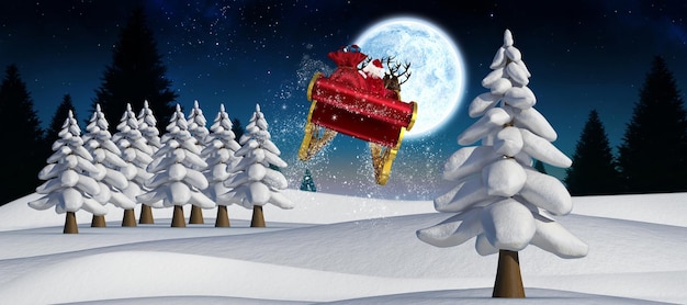 그의 썰매를 비행 하는 산타의 합성 이미지