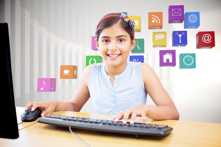 फोटो composite image of school kid on computer