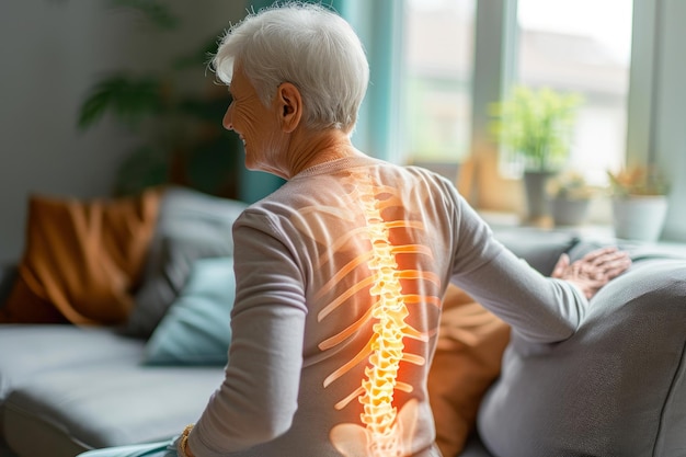 Композитное изображение пожилой женщины, подчеркивающей боль в спине в домашней обстановке