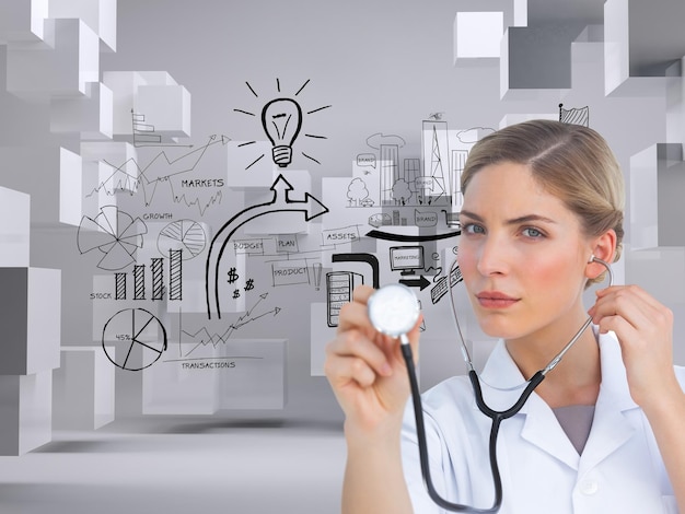 Photo composite image of serious nurse listening with stethoscope and looking at the camera