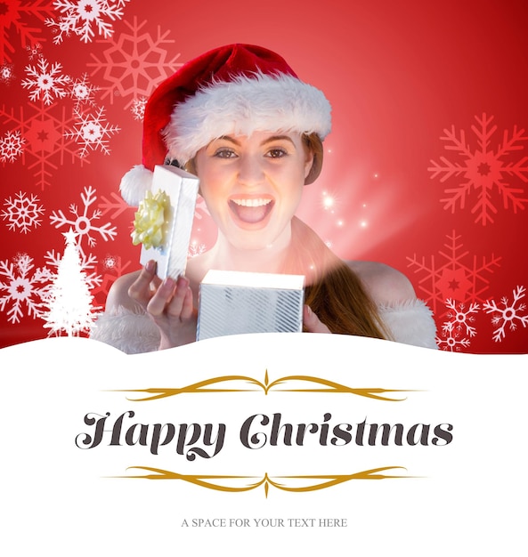 Composite image of sexy girl in santa costume opening a gift