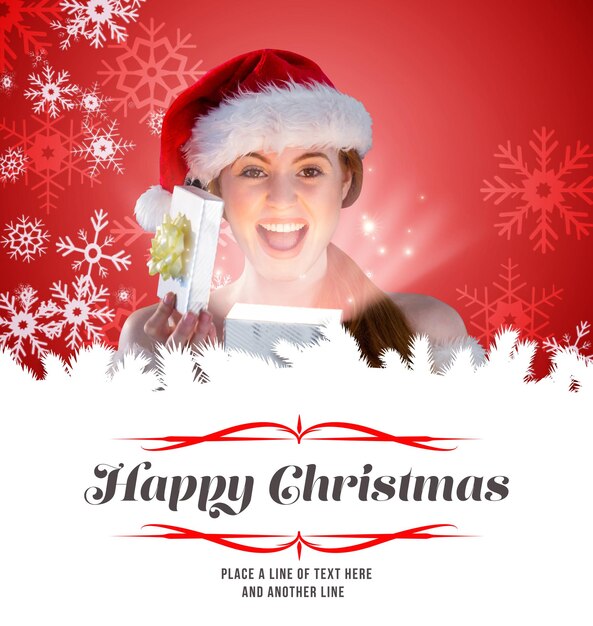 Composite image of sexy girl in santa costume opening a gift