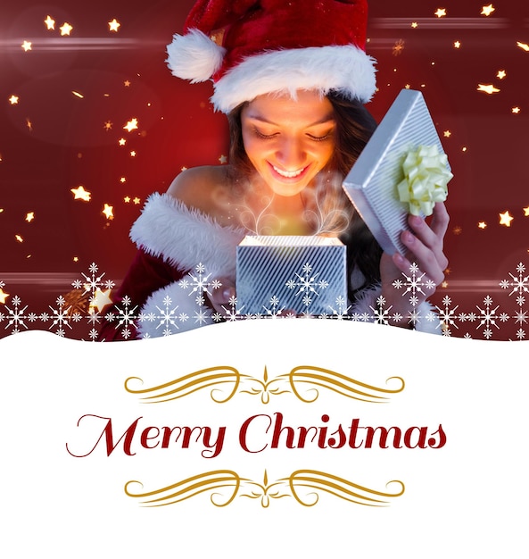 Photo composite image of sexy santa girl opening gift