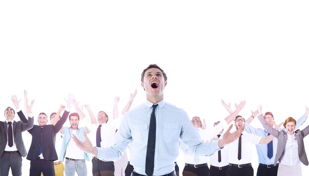 Composite image of shouting businessman celebrating