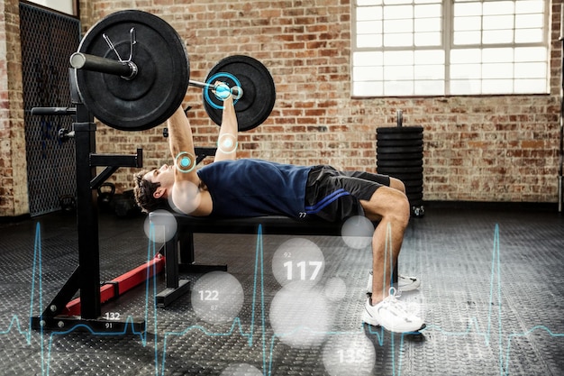 Photo composite image of side view of a man lifting barbell