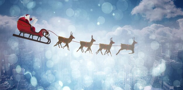 Photo composite image of side view of santa claus riding on sleigh during christmas