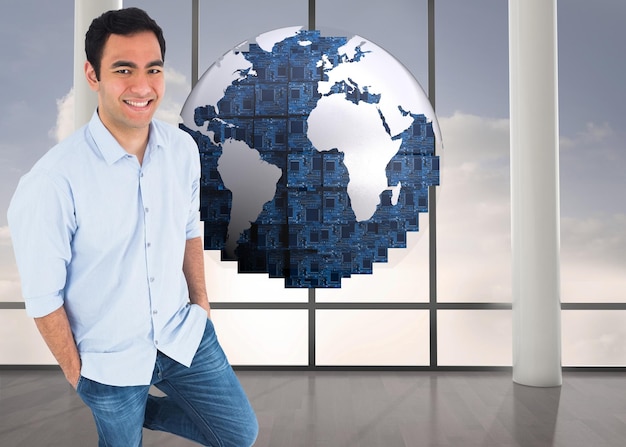 Composite image of smiling casual man standing