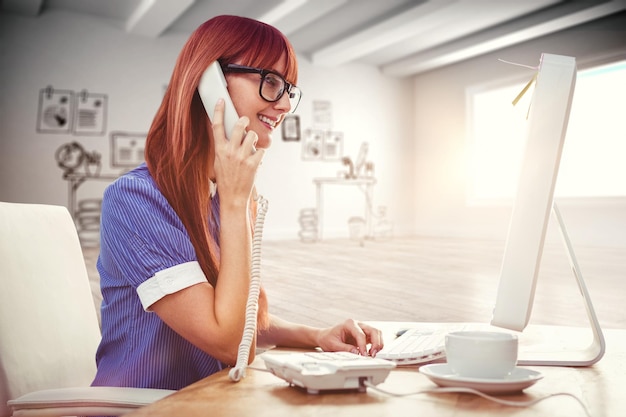 Composite image of smiling hipster woman on phone