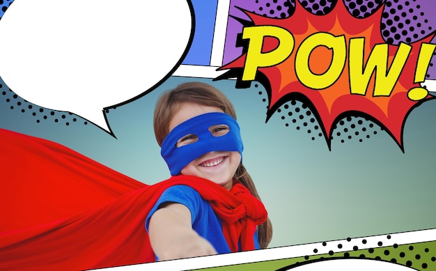 Composite image of smiling masked girl pretending to be superhero