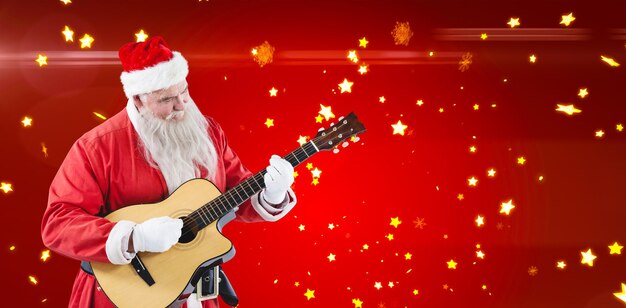 Composite image of smiling santa claus playing guitar