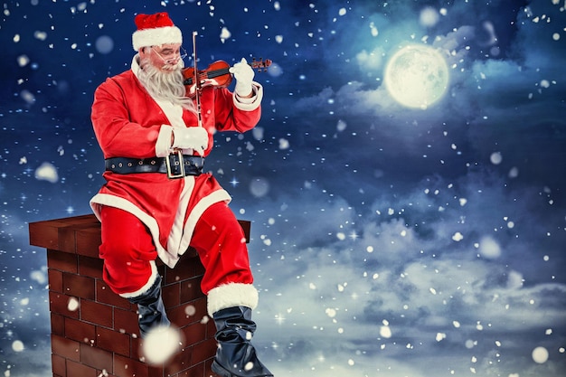 Composite image of smiling santa claus playing violin on chair