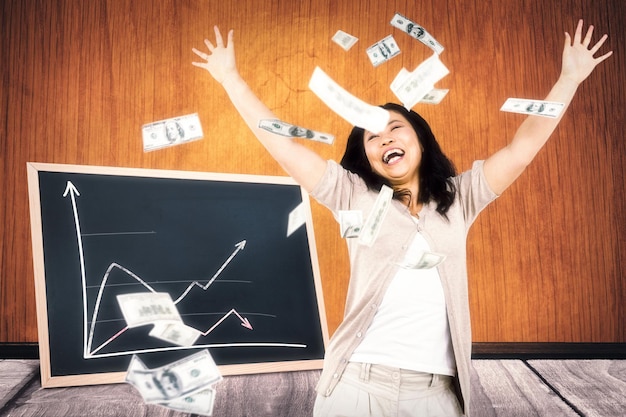 Photo composite image of smiling woman throwing money around