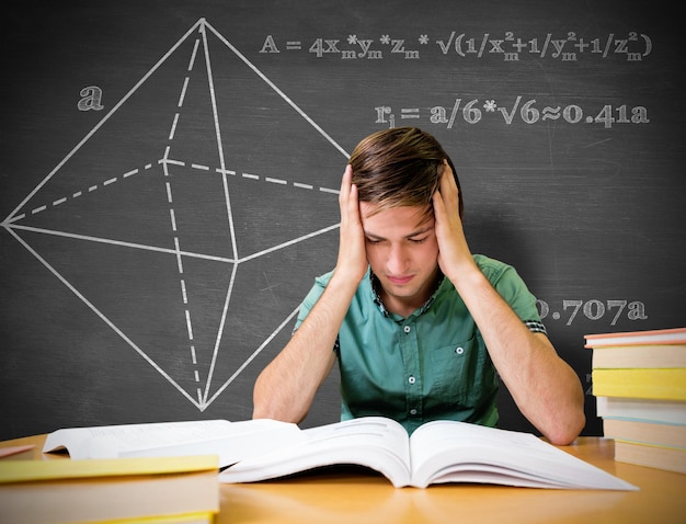 Composite image of student sitting in library reading