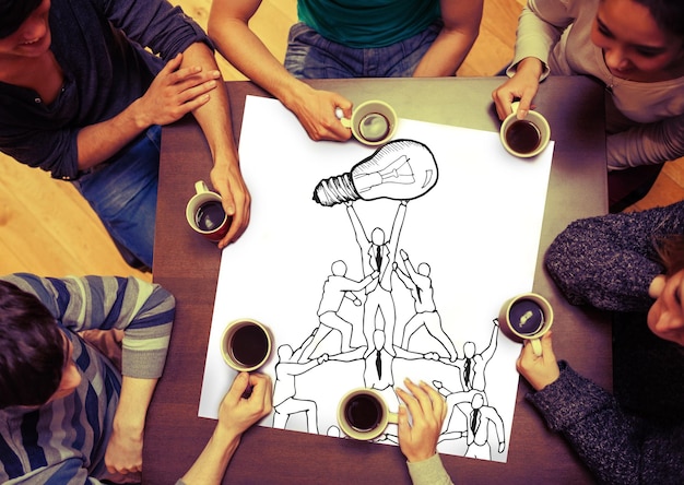 Photo composite image of team holding up light bulb on page with people sitting around table drinking coffee