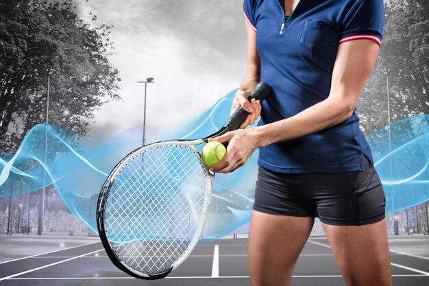 Photo composite image of tennis player holding a racquet ready to serve