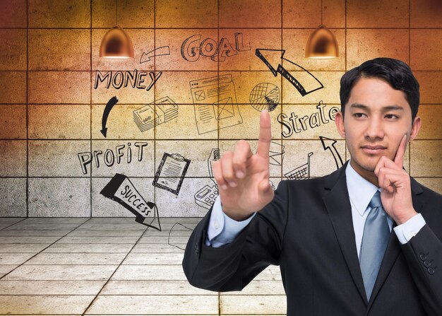 Photo composite image of thoughtful asian businessman pointing