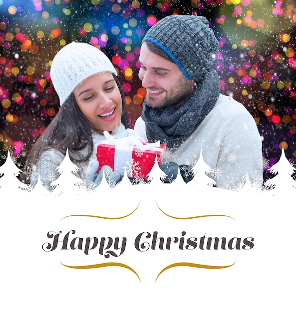 Photo composite image of winter couple holding gift