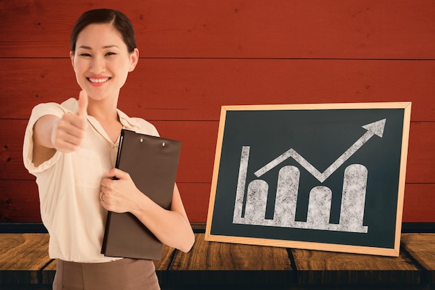 Composite image of woman gesturing thumbs up with people waiting for interview