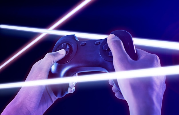 Composite image of woman playing video game against white background