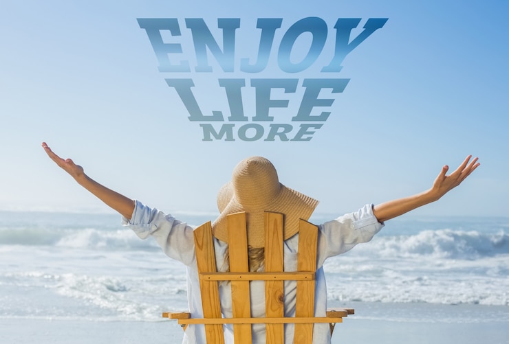 Photo composite image of woman relaxing in deck chair by the sea