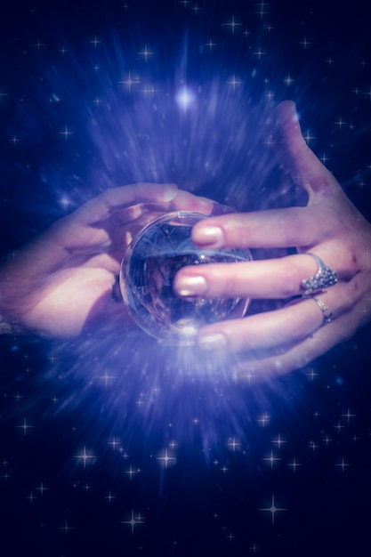 Photo composite image of woman using crystal ball