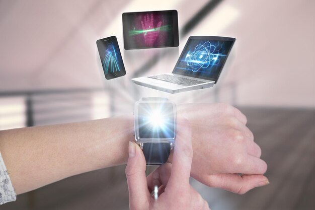 Composite image of woman using smartwatch