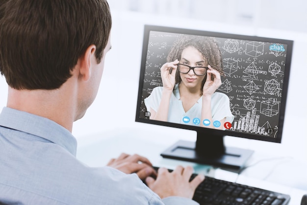 Composite image of woman wearing glasses on white background