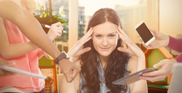 Photo composite image of woman with head in hands