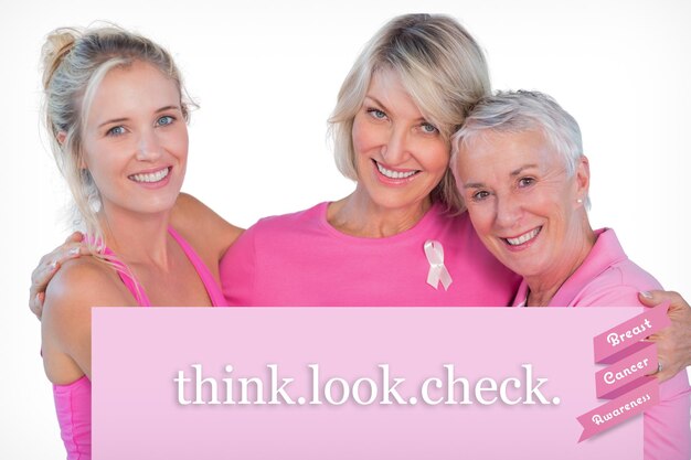 Photo composite image of women wearing pink tops and ribbons for breast cancer