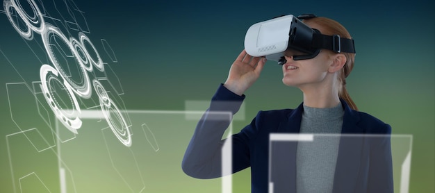 Composite image of young businesswoman wearing vr glasses