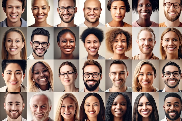 A composite portrait image is created by a collage of a large group of smiling people showcasing the diversity of the individuals and their expressions of happiness Generative AI