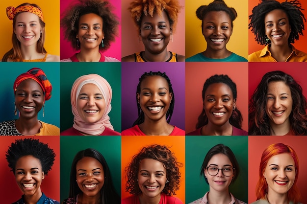 Composite portret van headshots van verschillende glimlachende vrouwen van alle geslachten en leeftijden, inclusief alle